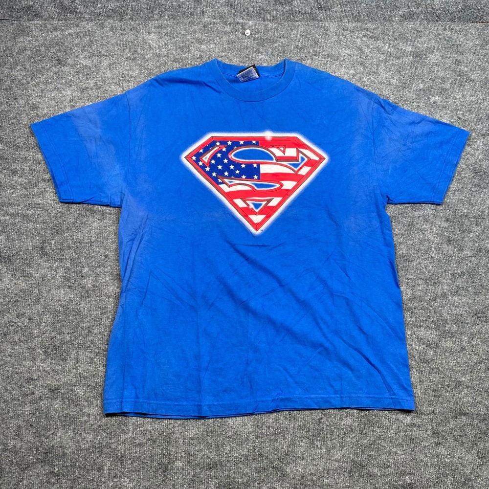 Warner Bros Superman American Flag Shield Graphic T-Shirt Mens XL Blue USA Logo